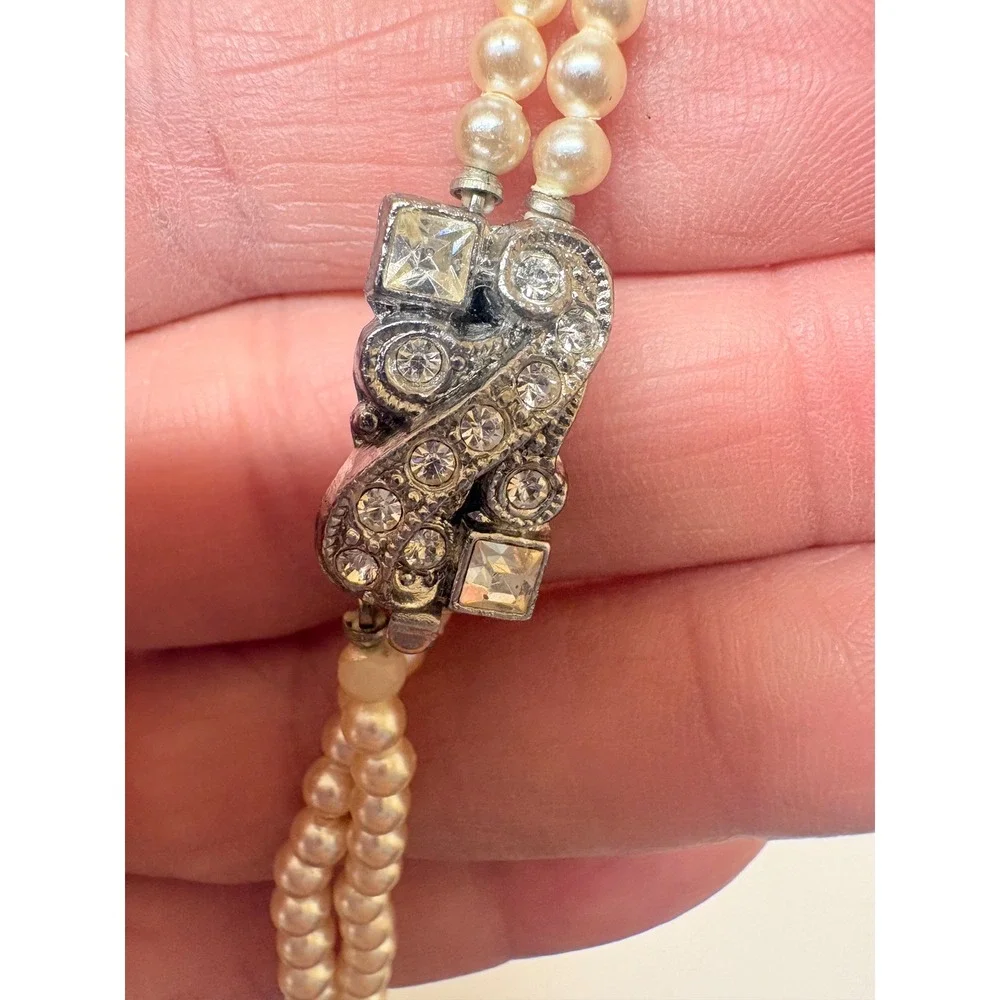 Vintage Double Strand Faux Pearl Necklace Art Deco Rhinestone Clasp Cream 16